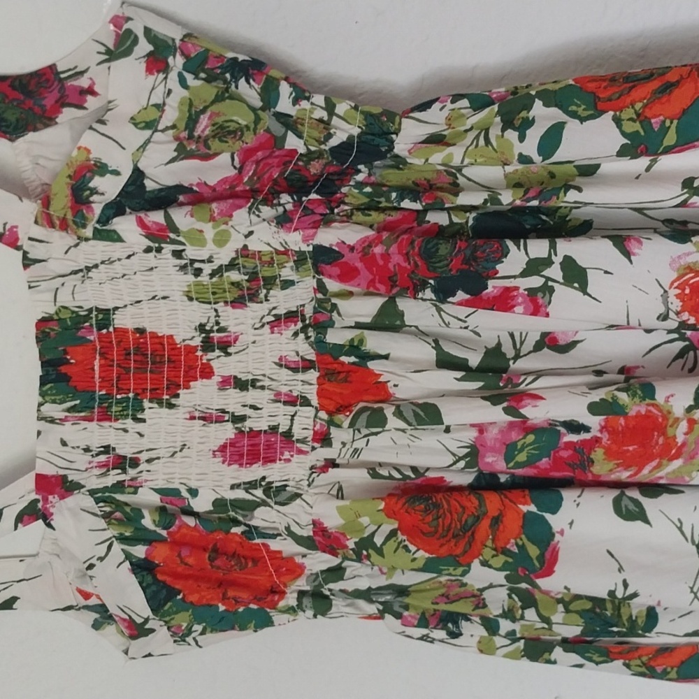 ANTHROPOLOGIE Corset Midi Dress Red White Floral Bra Shelf Smocking Size 8 - Picture 8 of 13